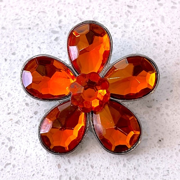 Amber Orange Floral Brooch Pin Rhinestone Flower Metallic Retro Statement - Picture 4 of 16